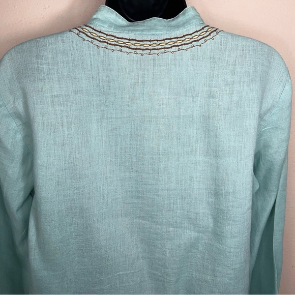 Size 6 Rafaella Linen Blouse Top Mint Teal Beaded Sequined Boho Bohemian - Picture 10 of 14